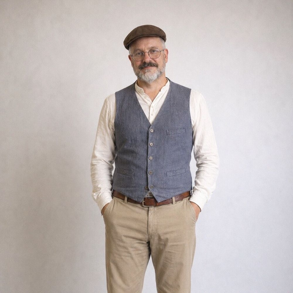 Un homme en gilet et casquette, sur fond clair